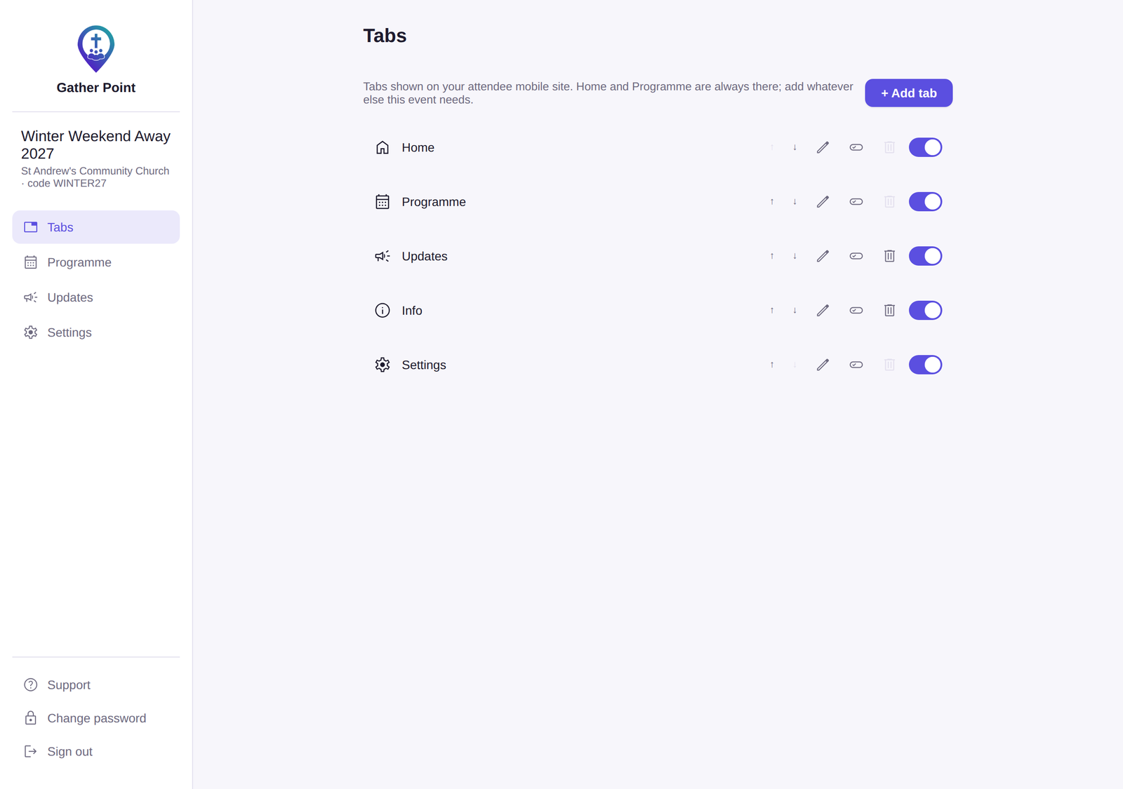 The Gather Point organiser admin dashboard