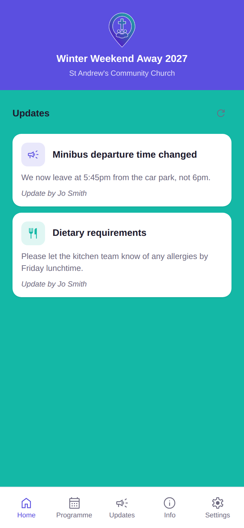The attendee Home tab, showing event updates